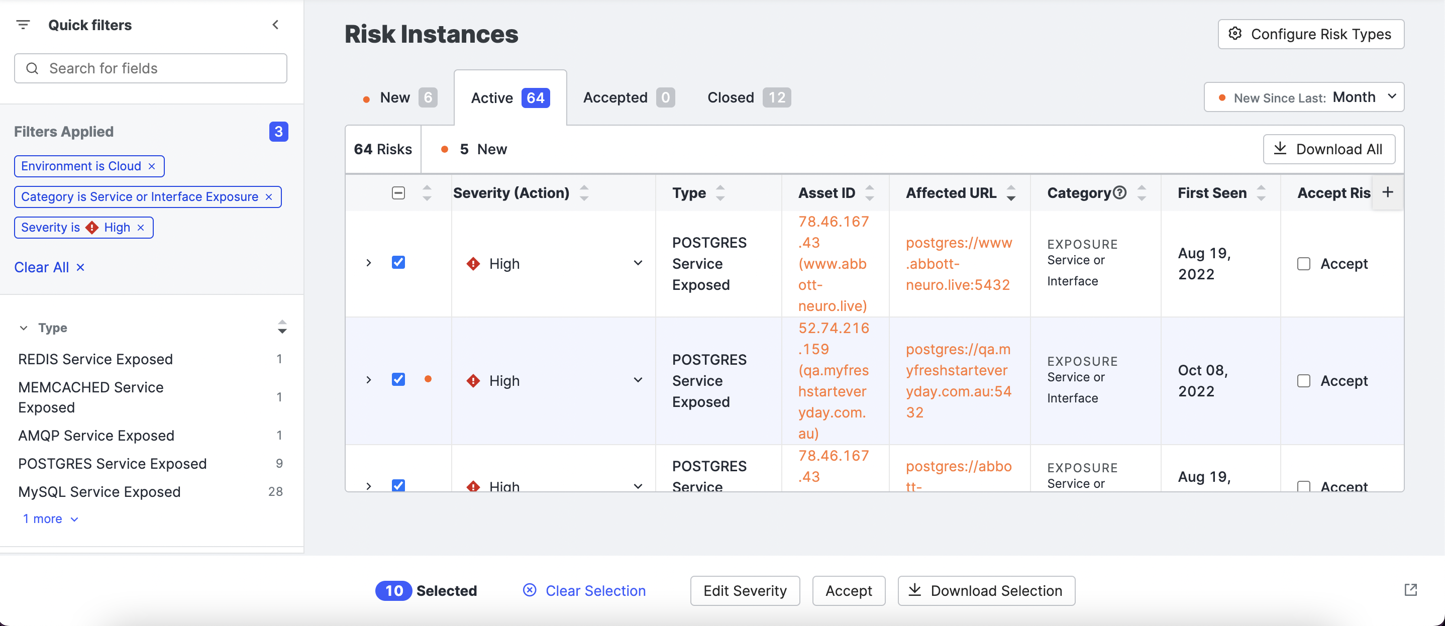Download a CSV of selected risk instances