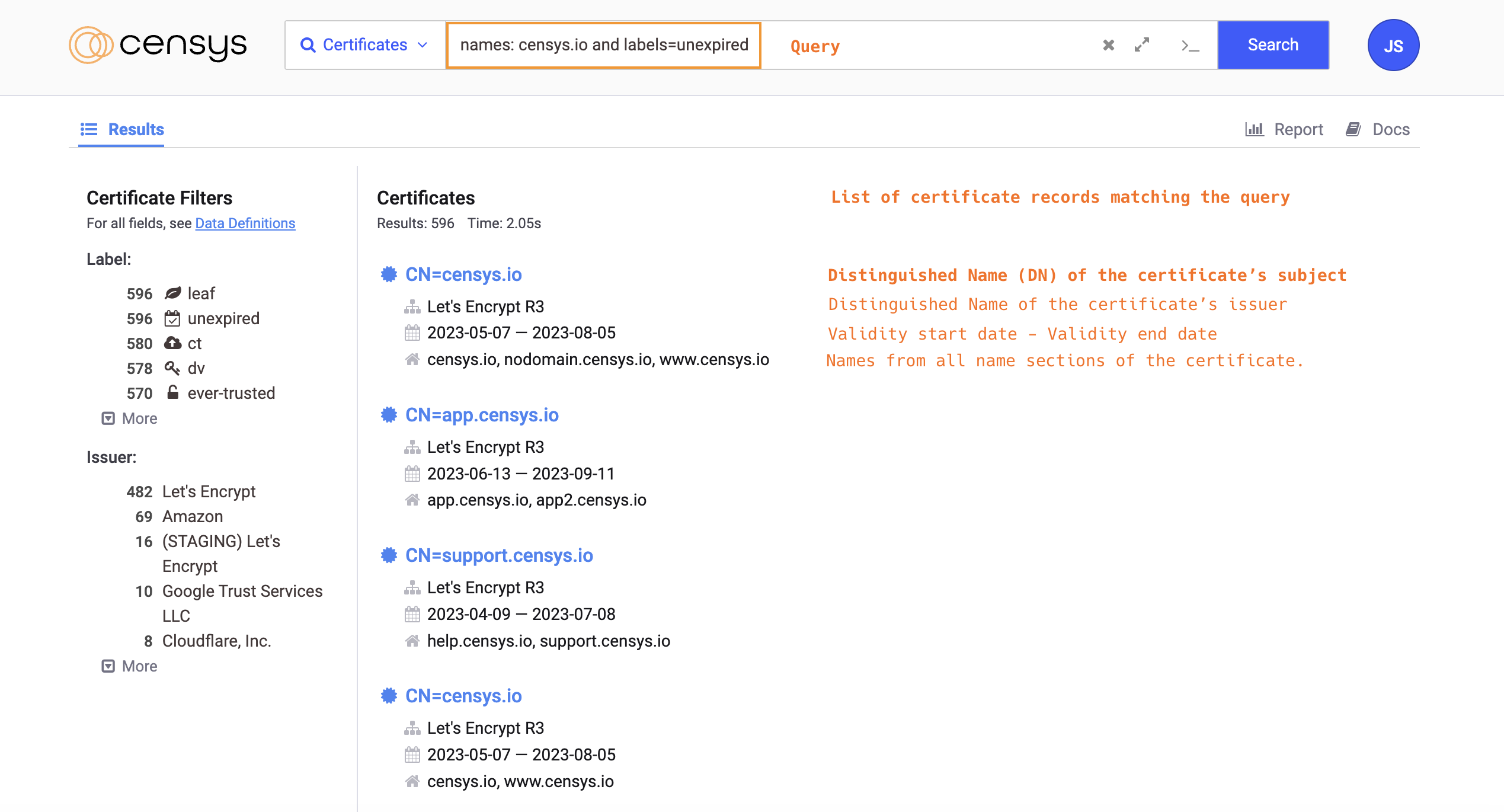 Annotated Censys search results page for certificates