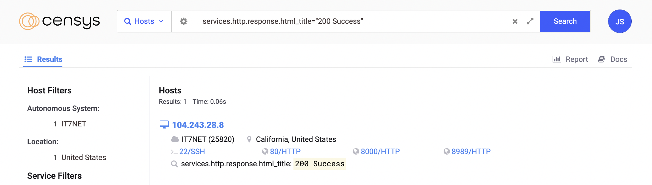 The search results page showing a single hit for a host with an HTTP services whose HTML title is exactly the phrase "200 Success"