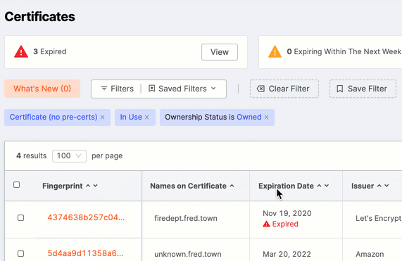 Clear filters on the certificates page