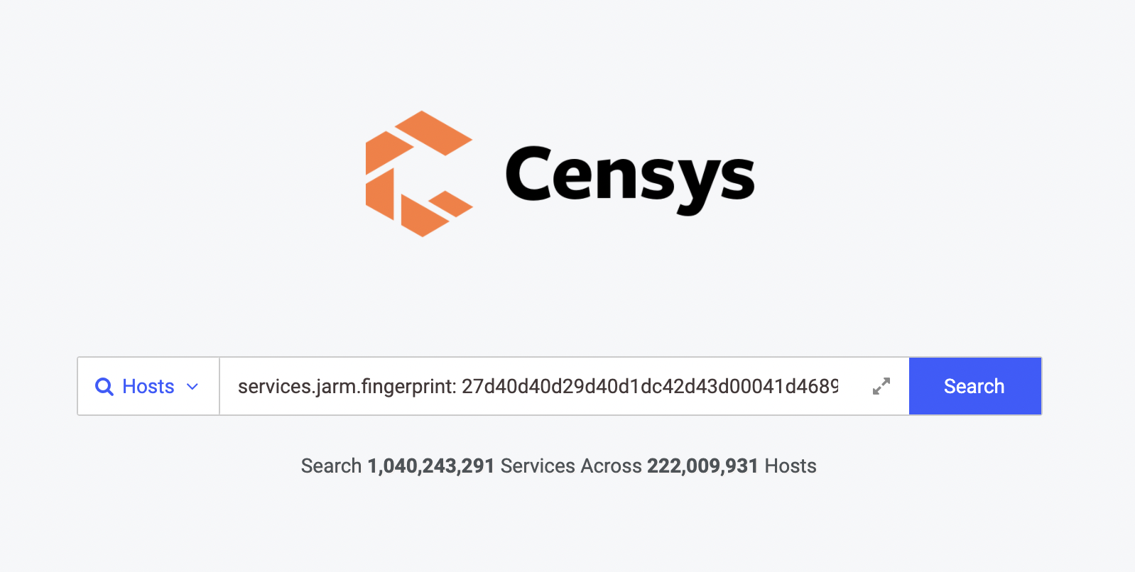 Censys Search 2.0 front page with example jarm fingerprint search shown