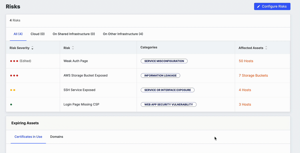 Risk page showing configuration button