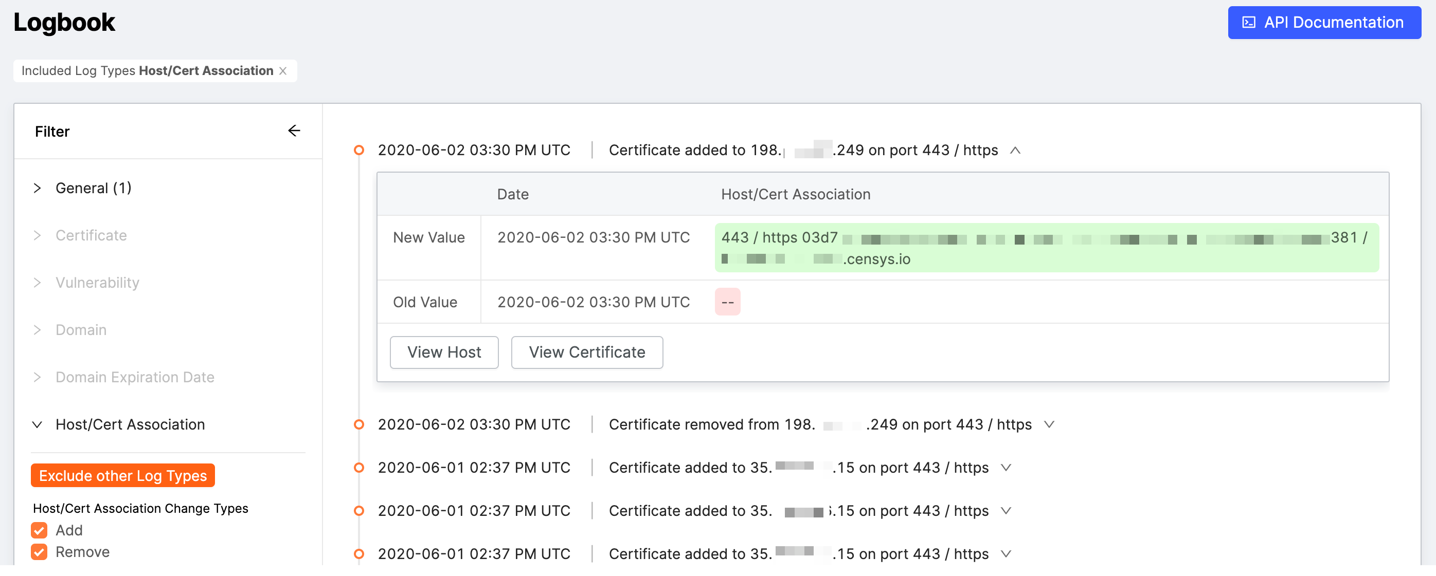 Logbook showing certificate and host association filters