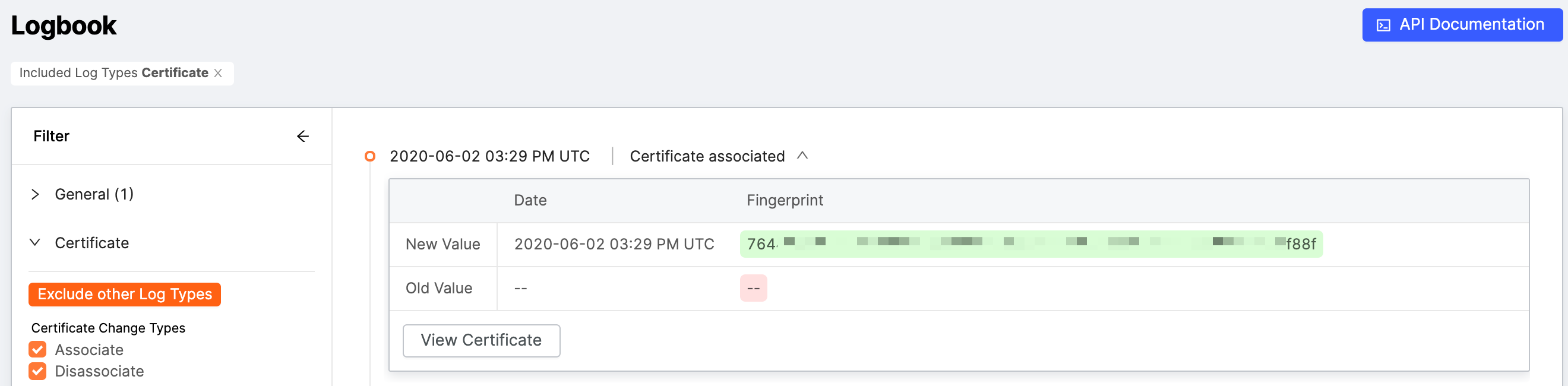 Logbook showing certificate event filter